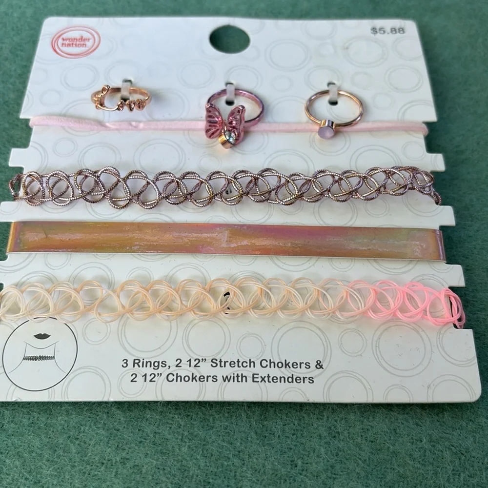 NWT Wonder Nation 4 12” Chokers 2 Extenders 3 Rings Set Butterfly Love Stretch